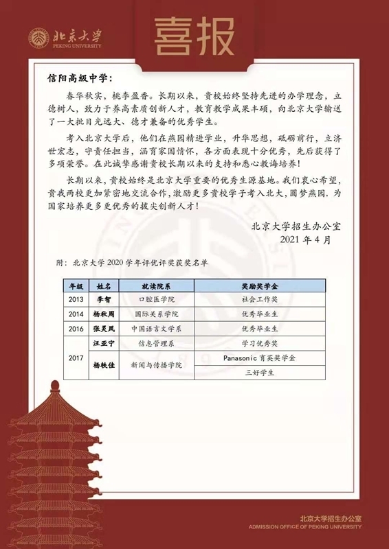 北京大学向信阳高中发来喜报