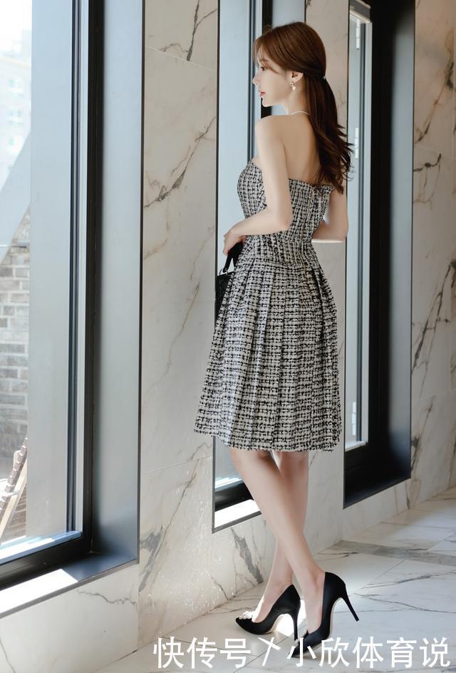束腰|清凉穿搭孙允珠,棉麻灰白格子皱褶束腰抹胸裙
