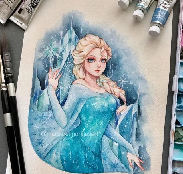 莫阿娜|水彩手绘风的迪士尼公主，艾莎美得很冷艳，花木兰国风韵味很漂亮