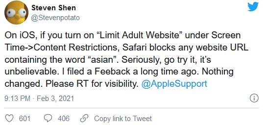 iOS中的家长控制功能被发现会Safari中审查含有＂asian＂的URL