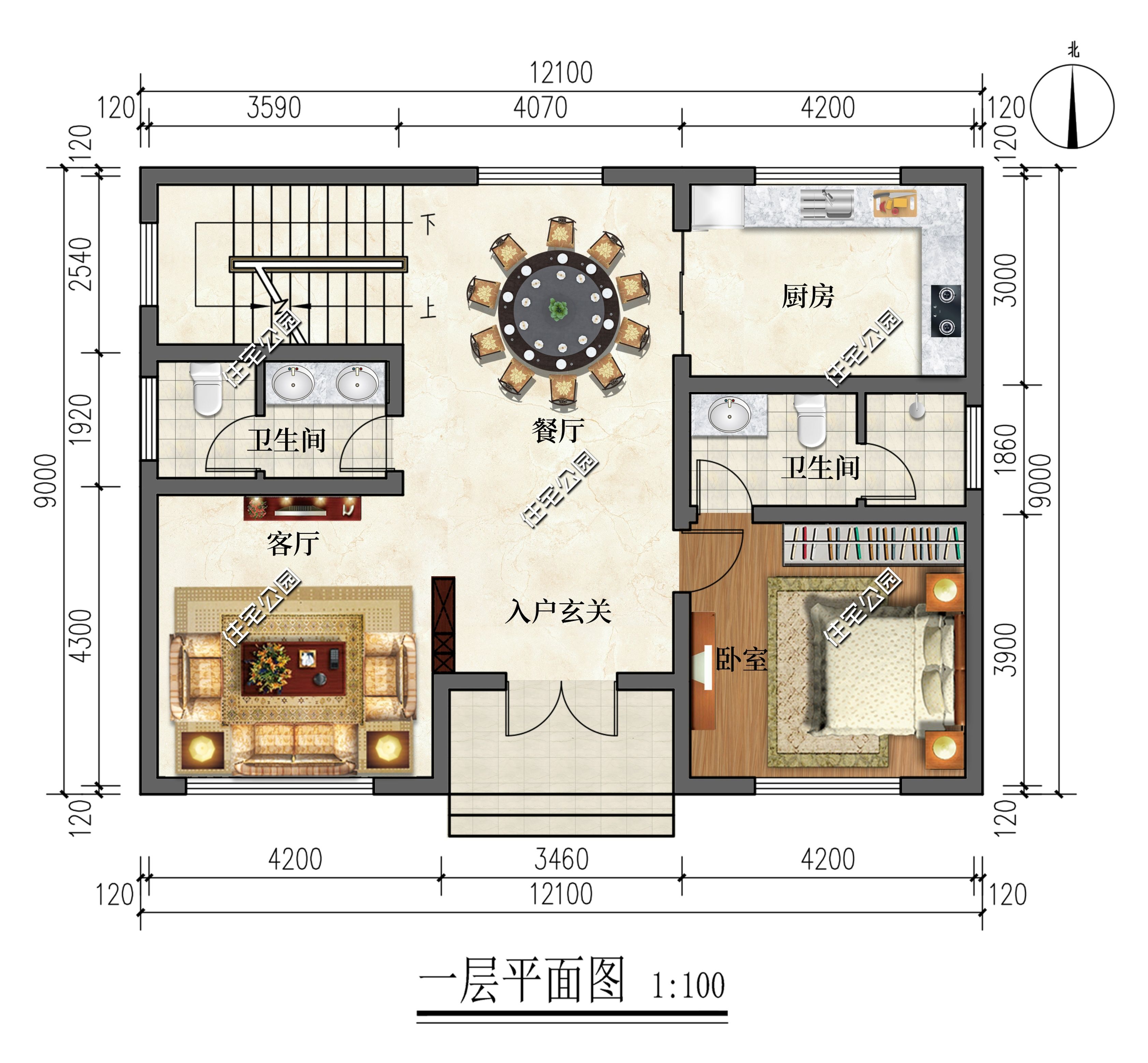 书房|豪华主卧+书房，12×9米三层新中式别墅，占地仅104平