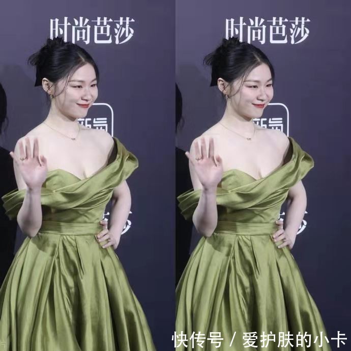 高挑|金靖真是深藏不露!穿一字肩绿色礼服,皮肤白得晃眼身材也吸睛