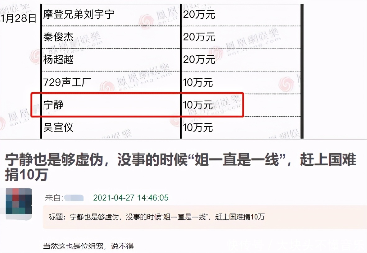 自称一线，却只捐了10万，宁静是没钱吗
