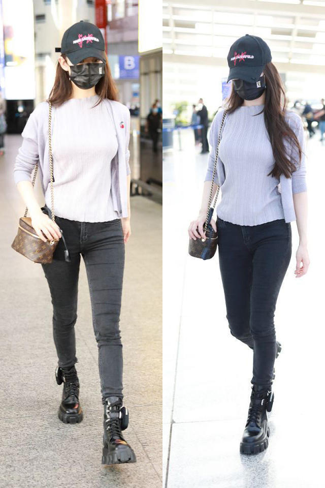 高挑|吉娜又美出新高度,灰色针织衫配修身长裤高挑利落,腰细得像P的