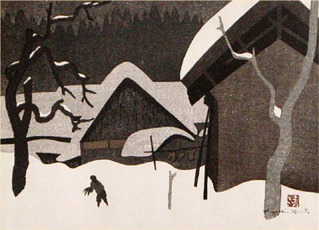 版画!日本近代版画大师斋藤清冬日雪景系列版画作品