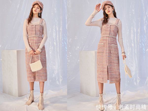 秋冬季背带裙内搭个针织衫或者衬衫,青春又减龄