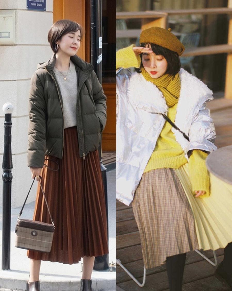 裙子 冬天不能没裙子,现在流行“过膝百褶裙”,既能搭大衣又能配棉服