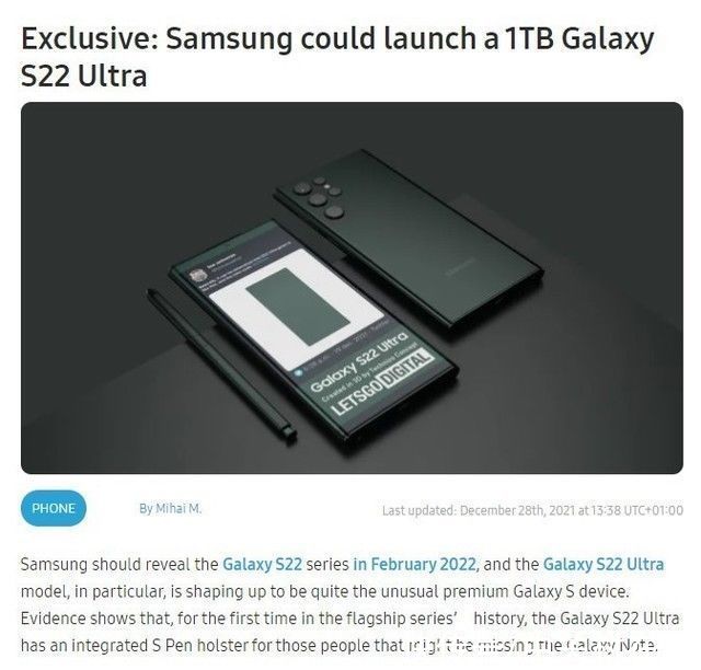 G哑光黑“真机”现身！曝三星Galaxy S22 Ultra将有1TB存储版本