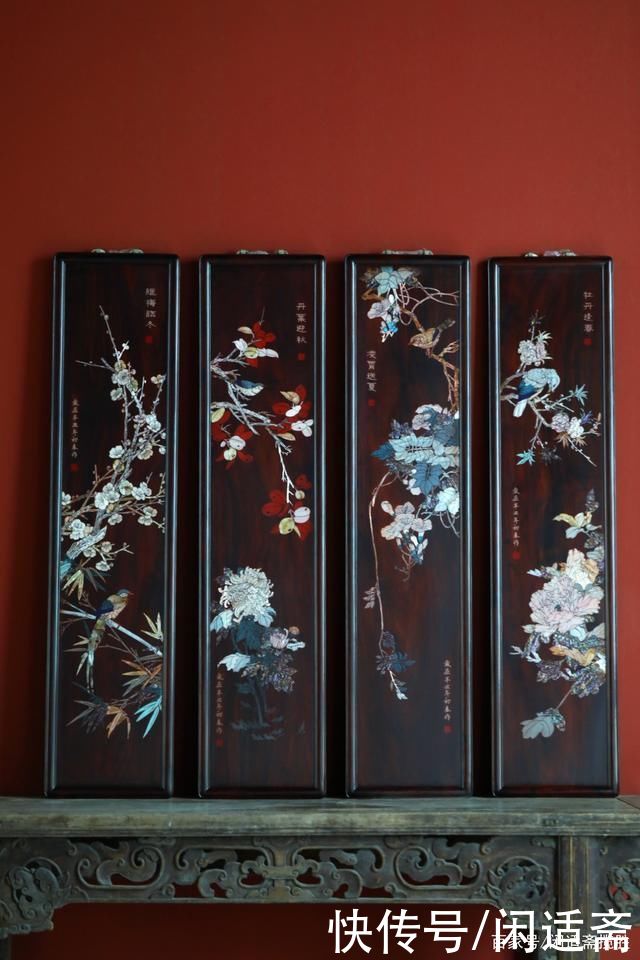 老挝大红酸枝|传统中式装饰画，大红酸枝，春夏秋冬，四条屏