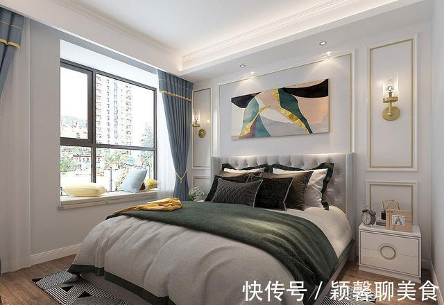小空间|76平米三房两厅美式装修，灰色墙面搭配金色边条，小空间的轻奢味