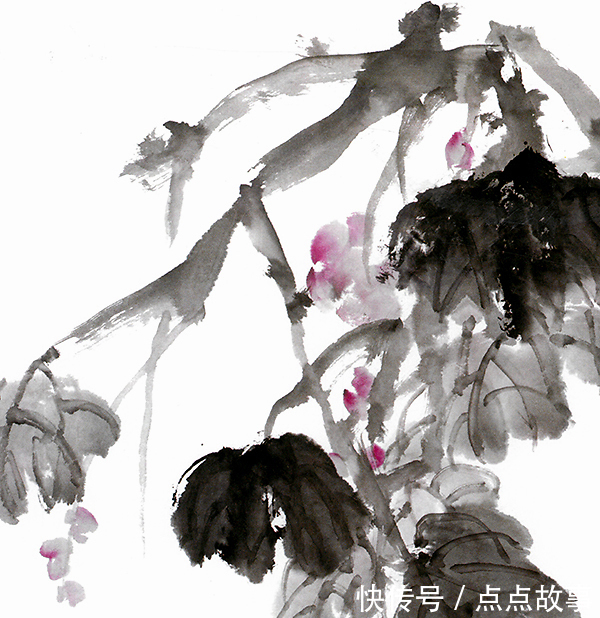 缶庐!玉花寿之王博士国画,黄嘴《野鸭》栖息在粉色海棠下