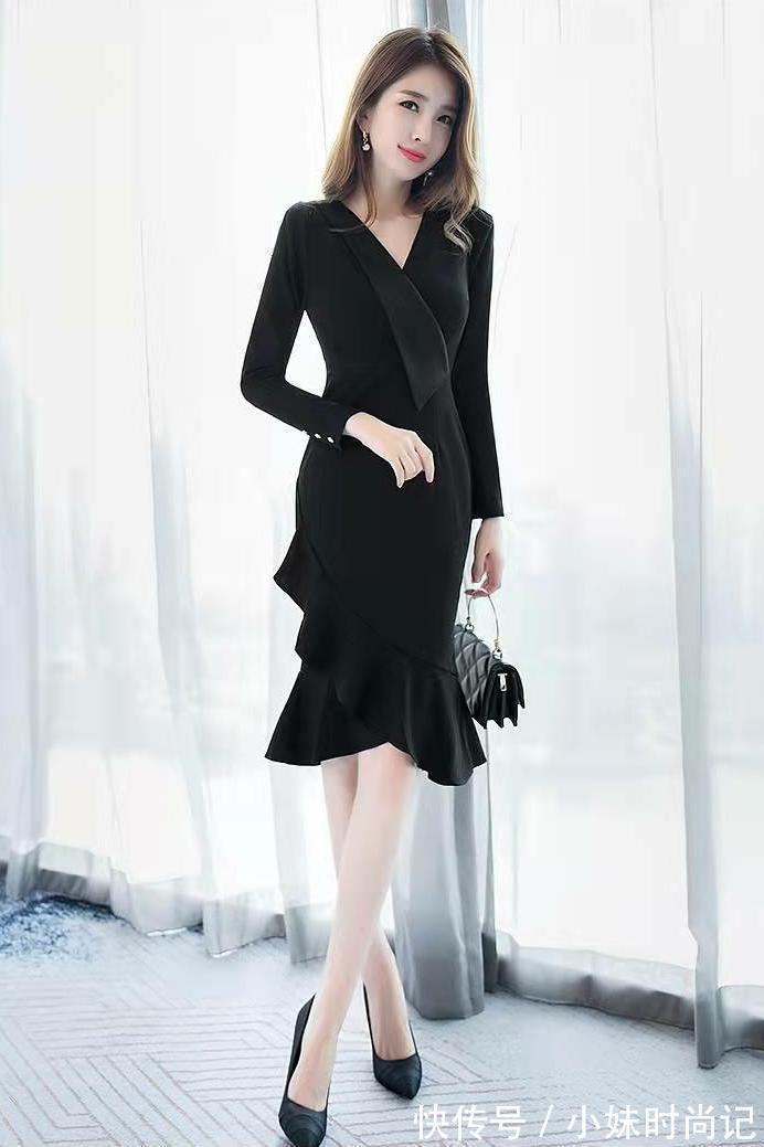 鱼尾连衣裙 秋季气质包臀鱼尾连衣裙,轻奢风格修身显瘦的黑色鱼尾裙