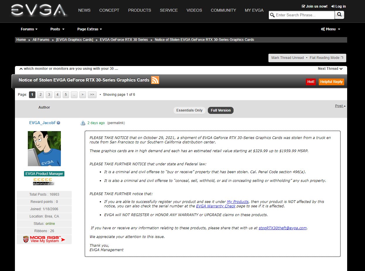 犯罪行为|EVGA 一卡车显卡在加州被盗，为 RTX 30 系列