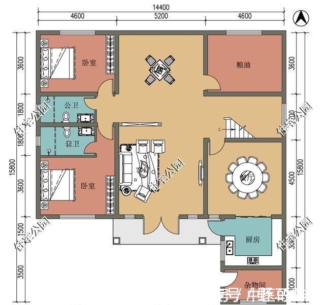 通透亮堂|回村盖房，这套14×15米户型火了，独立厨房配上凉亭就是好看！