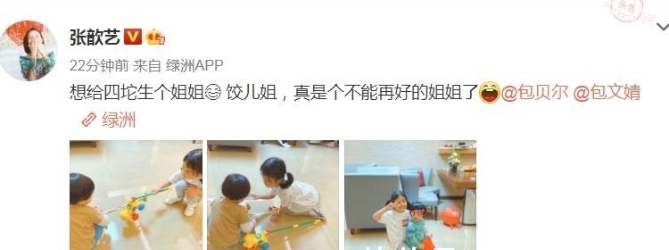 張歆藝曬餃子和兒子玩的照片，夸餃子是個好姐姐