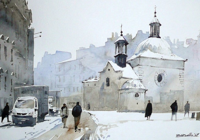 水彩画@波兰水彩画家拉法尔的街市景观画,耐看!