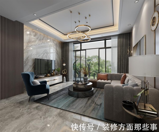 客厅|160平现代简约风,灰色+蓝色太高级了