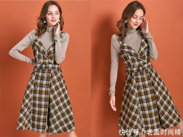 秋冬季背带裙内搭个针织衫或者衬衫,青春又减龄