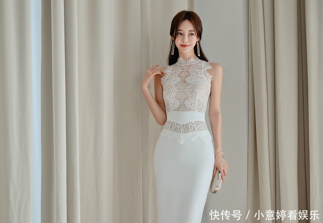 层叠对称花纹薄纱雪纺无袖包臀裙，突显孙允珠优雅气质