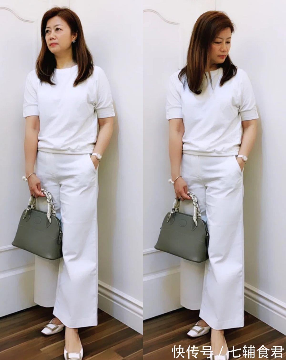 白裤子 这才是50岁微胖女人该有的打扮,白裤子“一衣多穿”,简约而高级