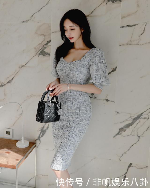 莫妮卡|雅灰莫妮卡阔领半分袖连衣裙,打造孙允珠稳重优雅