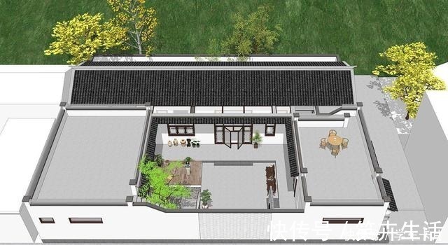 坡屋面|一层三合院设计，小院+露台，还设有阳光房，真是太会生活了！