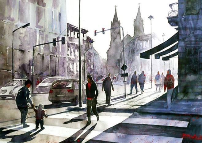 水彩画@波兰水彩画家拉法尔的街市景观画,耐看!