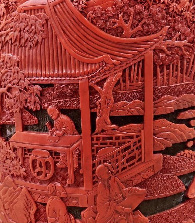 故宫博物院旧藏清代雕漆剔彩竹林七贤笔筒鉴赏