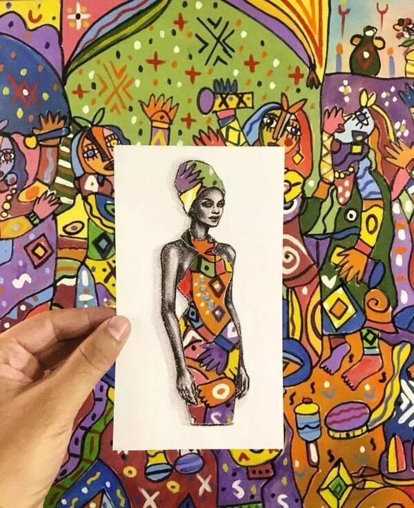 shamekh#这才是灵魂插画师！手绘图只画一半也惊艳，这衣服效果比高定还美