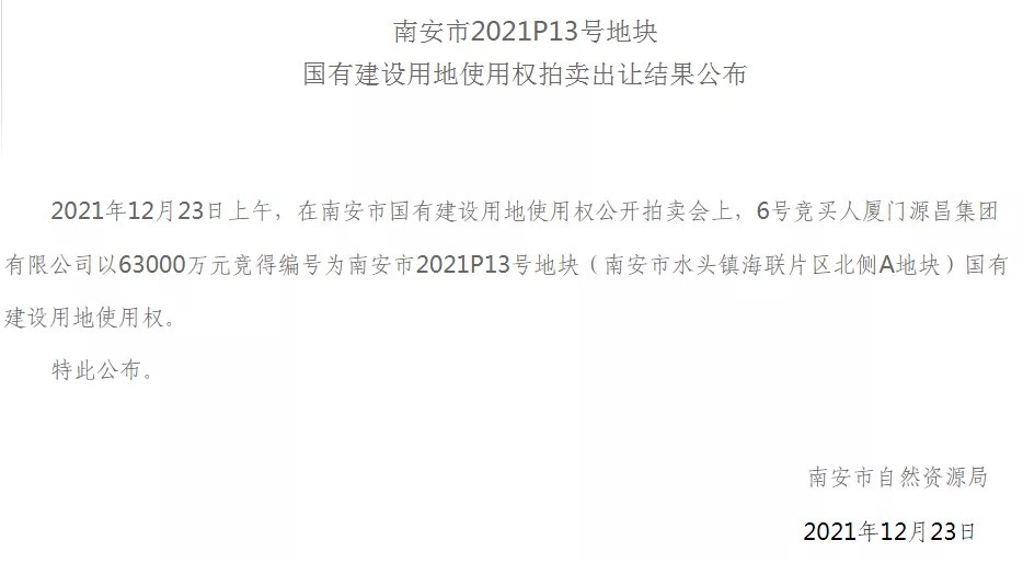 土拍|南安土拍结果出炉!源昌底价拿下!毛坯限价11000/㎡...