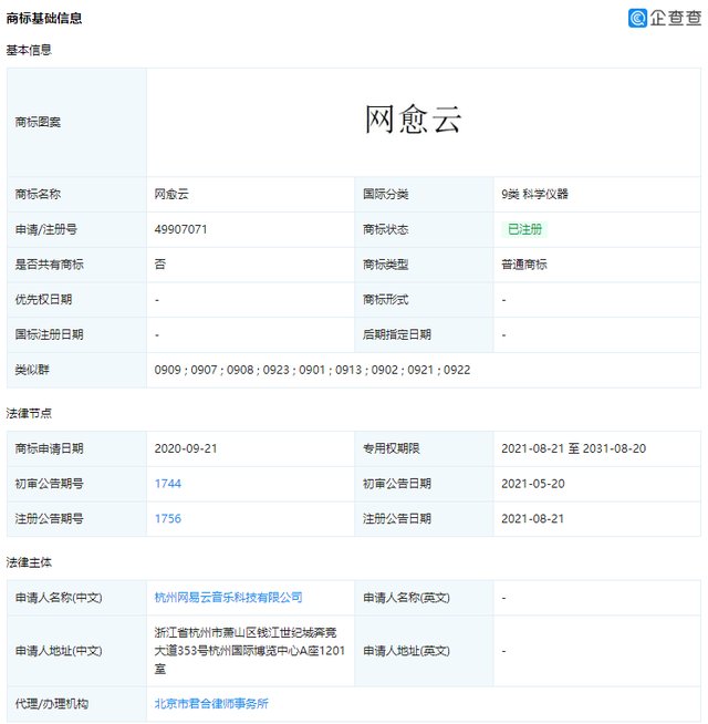 网愈云|网易云音乐申请“网愈云”商标获批