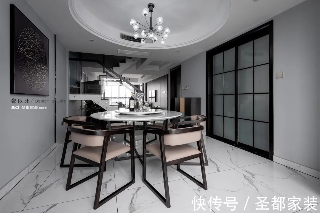 餐厅|184㎡冷灰白现代跃层,打通阳台让客餐厅扩大2倍,真香