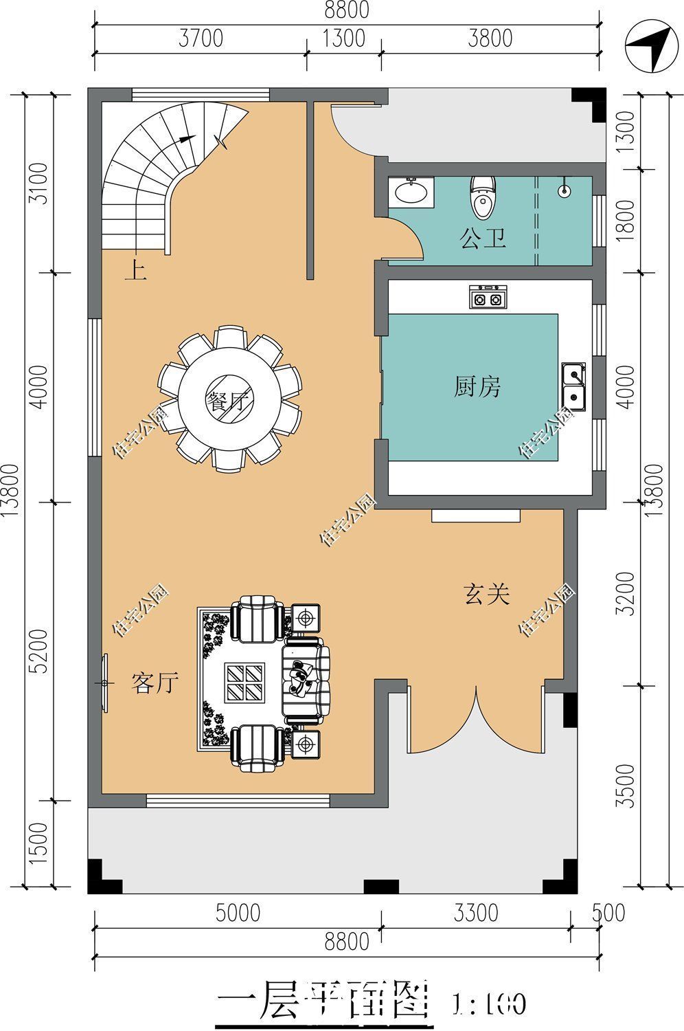 洁污|面宽8米占地百平，小户型这样设计，旋转楼梯、舒适套卧全齐了