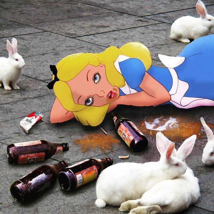 白雪公主!一组艺术家的疯狂照片拼贴画,白雪公主喝多也吐,建国的发现