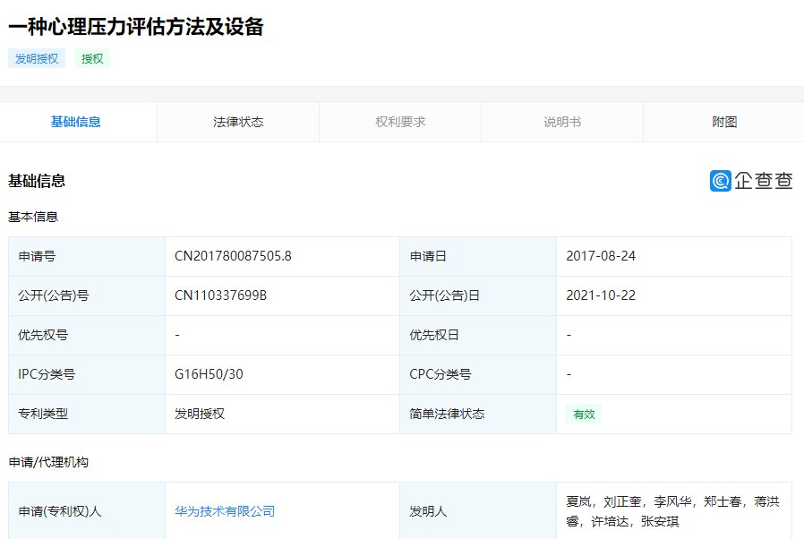 华为公开“心理压力评估”相关专利