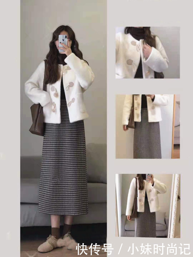 深色系演绎的甜美范儿,很有冬日韩系穿搭韵味,温暖还不臃肿