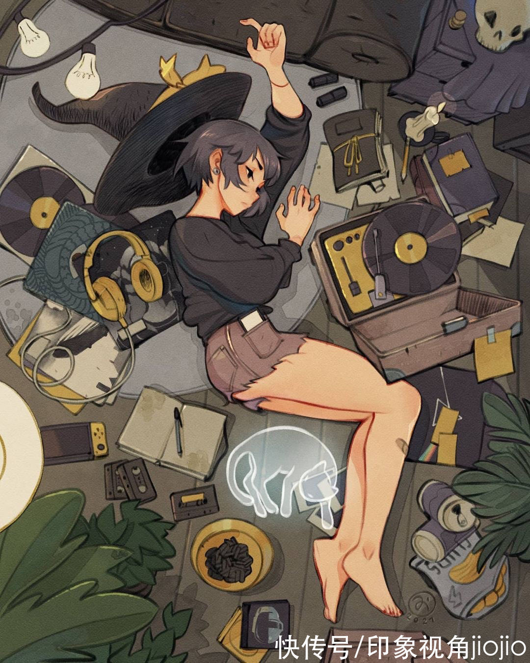 日常插画#复古风的女巫日常插画作品,猫咪灵魂陪伴设定太有爱了