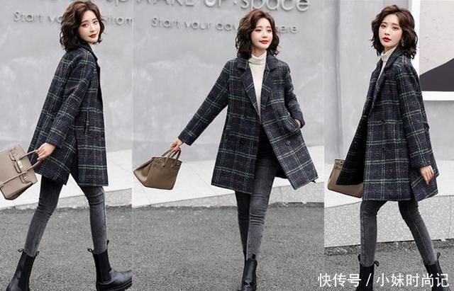冬季加棉格纹毛呢大衣外套, 时髦减龄又显瘦, 穿出满满的少女感!
