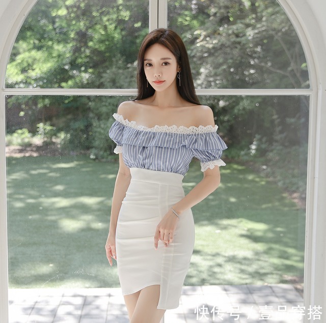 波尔卡褶皱|女神孙允珠高清时尚搭配：钻蓝条纹晴空波尔卡褶皱衣裙