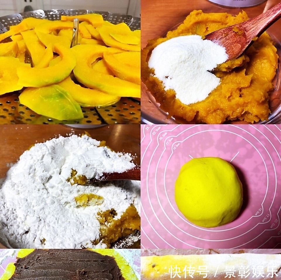 教你做一个又好看又好吃的甜点,南瓜豆沙糯米卷,香甜软糯超好吃