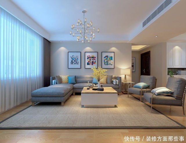 三居室|150平简约风三居室，灰蓝色点缀整个白色的空间，让客厅清爽干净
