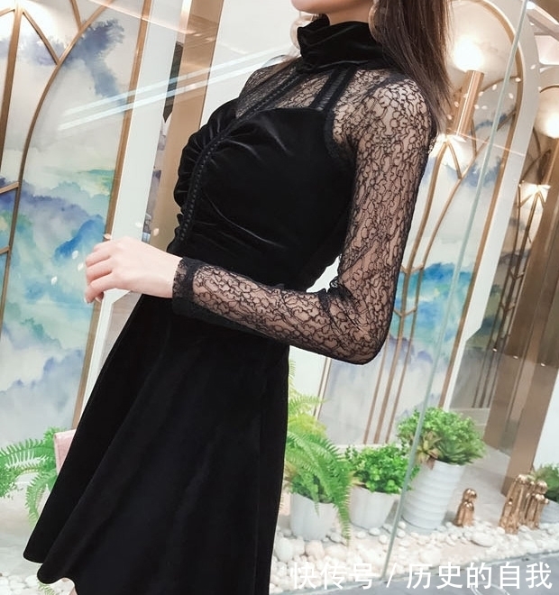 淑女气质,款蕾丝立领,丝绒A字连衣裙穿搭