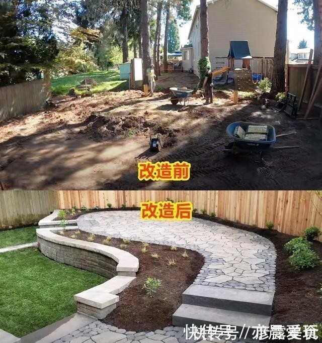 铺石板路砌台阶,荒芜庭院经过10天改造,一半花园一半休闲