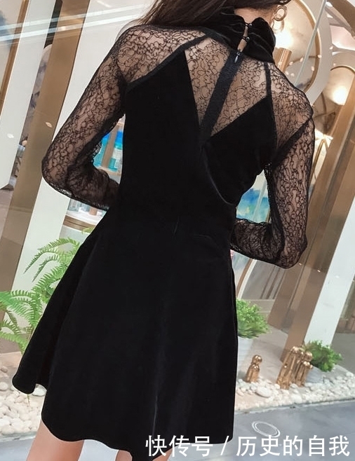 淑女气质,款蕾丝立领,丝绒A字连衣裙穿搭