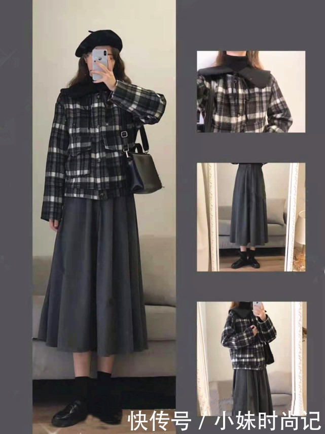 深色系演绎的甜美范儿,很有冬日韩系穿搭韵味,温暖还不臃肿
