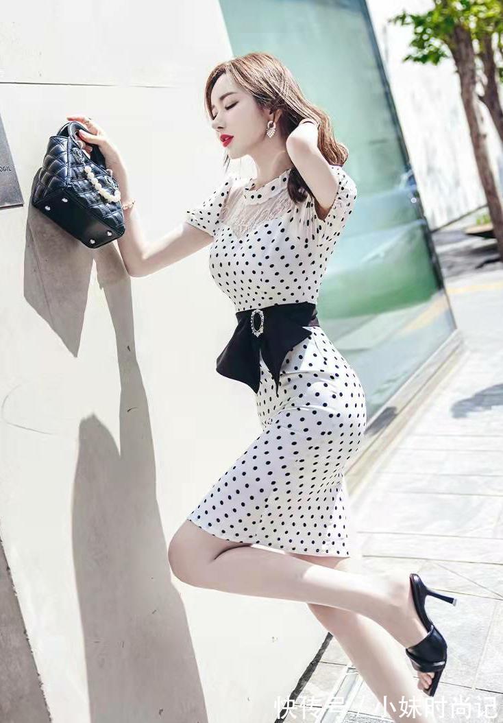 包臀裙|款白色波点蝴蝶结镂空气质连衣裙,收腰显瘦可爱甜美