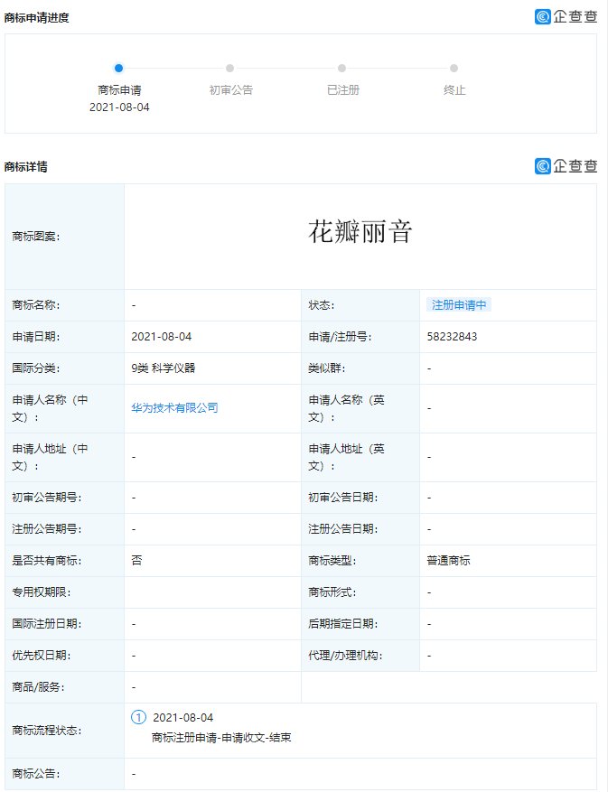 pcm|华为申请“花瓣丽音”商标