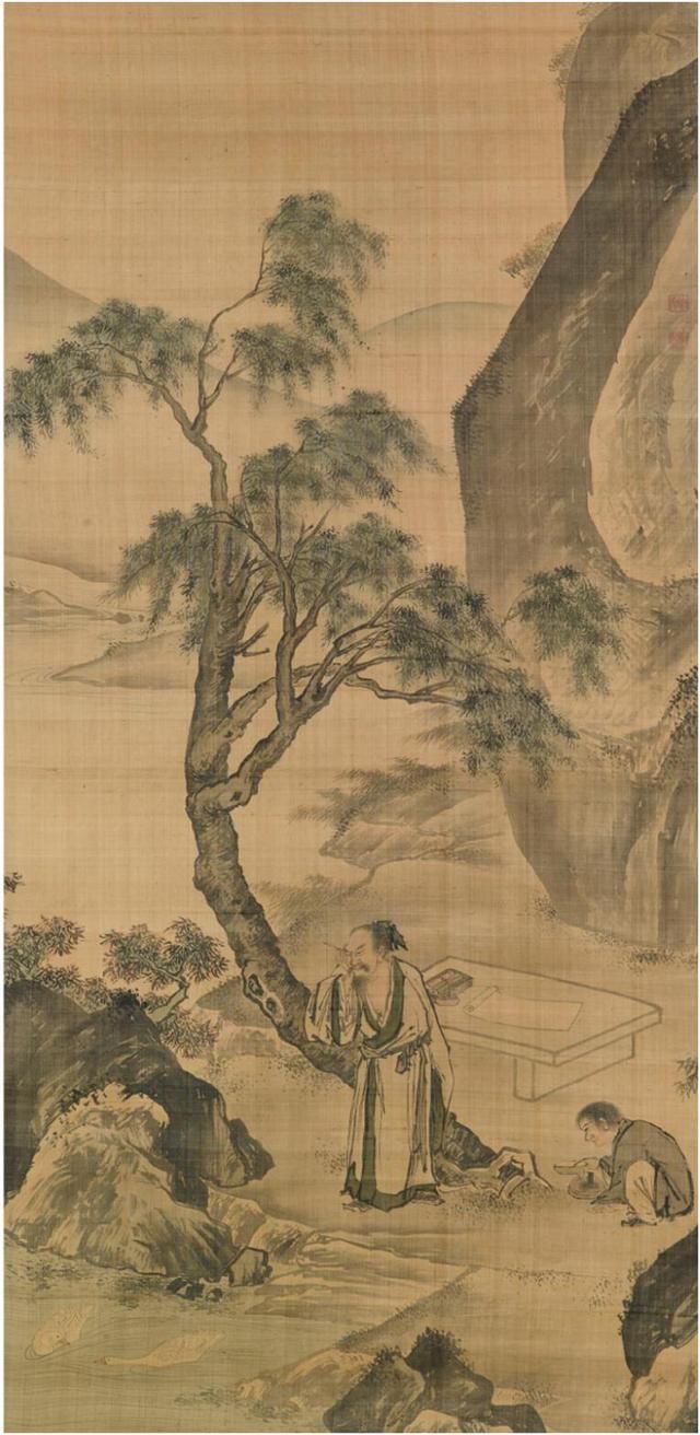 观鹅观瀑|(清)无款:唐伯虎观鹅观瀑双幅