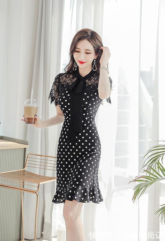 女人味|蕾丝波点黑色鱼尾裙,展示出轻熟的气质风格
