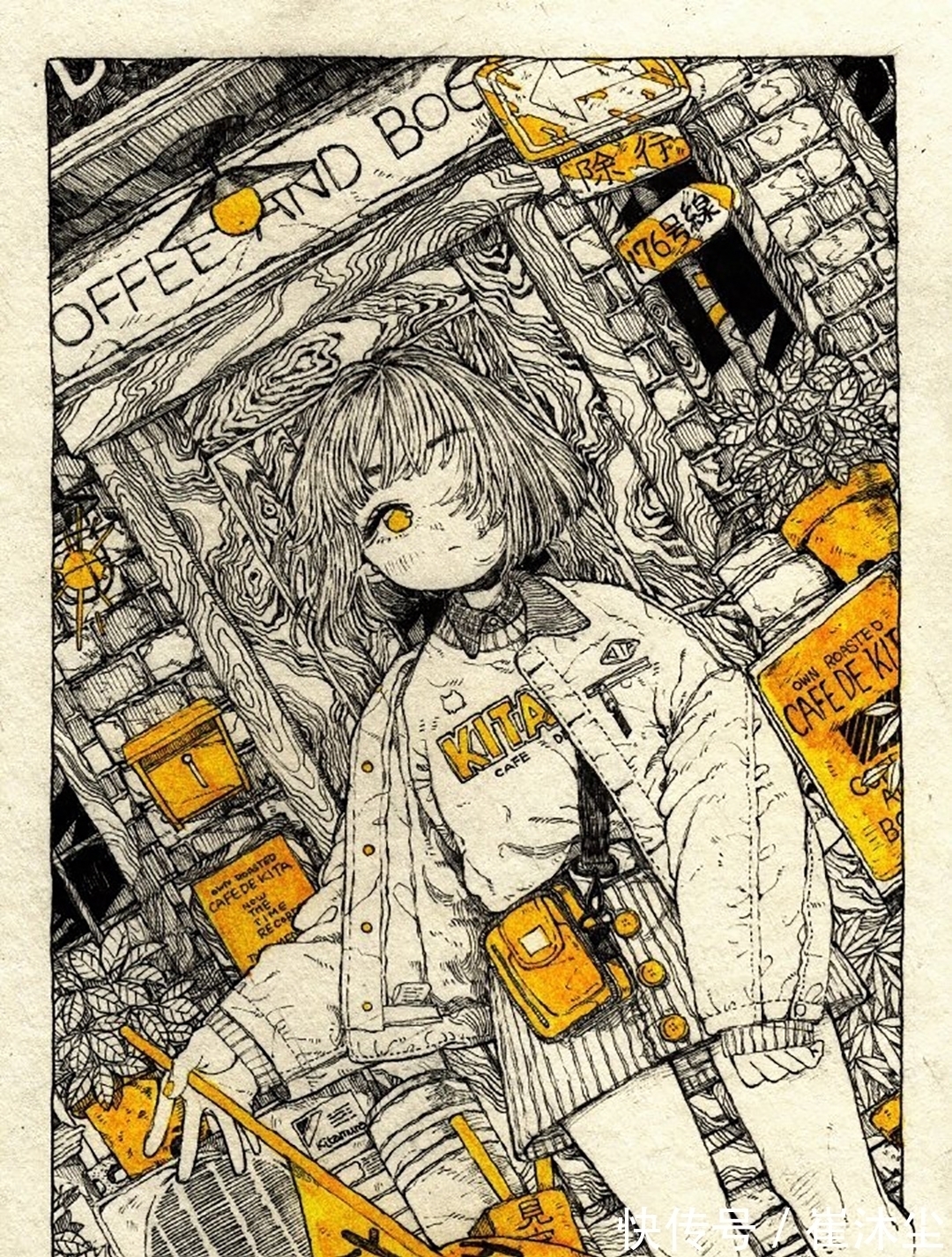 少女插画#线条感极强的少女插画，加一点黄色点缀非常的好看